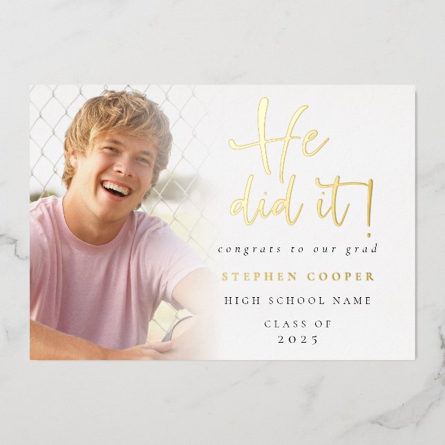 Grad 2024 Photo He Did It Gold Foil Announcement (Front)