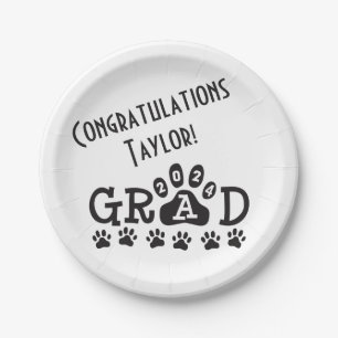 grad 2024 white black   paw prints graduation paper plate