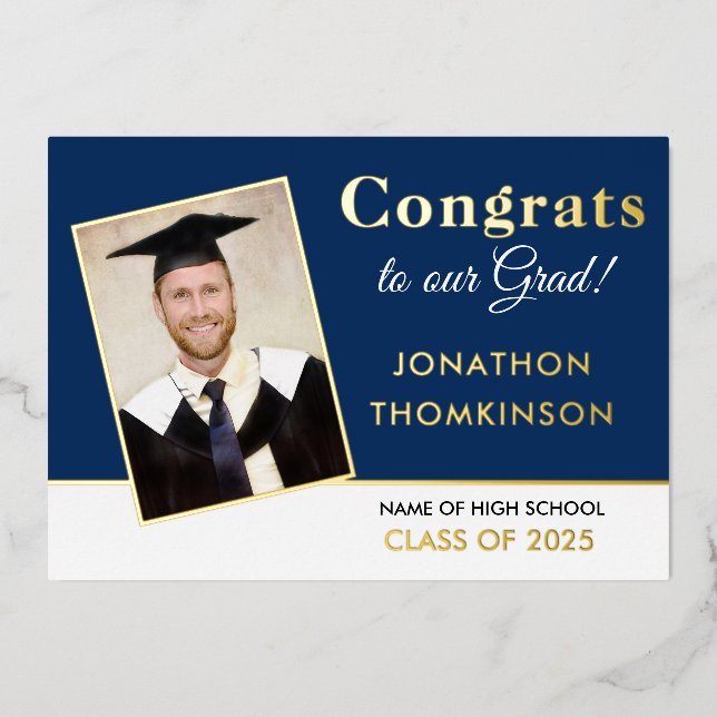 Grad 2025 Announcement Gold Foil Photo Navy White (Front)
