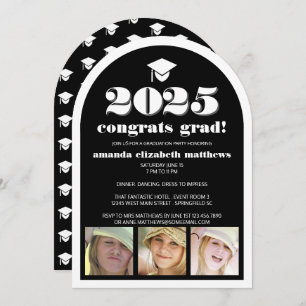 Grad 2025 Black Stylish 3 Photo Graduation Party Invitation