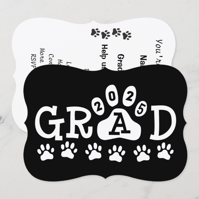 grad 2025 Black White Paw Prints Graduation Invitation (Front/Back)