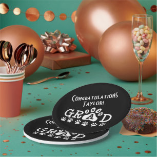 grad 2025 black white paw prints graduation paper plate