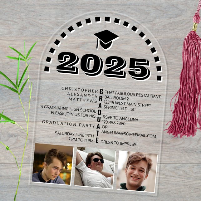 Grad 2025 Cool 3 Photo Collage Black White Party Acrylic Invitations (Add 3 photos of your graduate to this bold arched clear acrylic graduation party design)