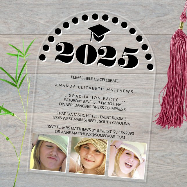 Grad 2025 Cute 3 Photo Collage Black White Party Acrylic Invitations (These arched acrylic graduation invitations feature a 3 photo collage of your proud graduate)