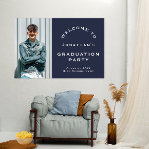Grad 2025 Male Photo Welcome Graduation Party Navy Poster