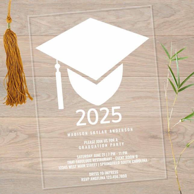 Grad 2025 Modern Formal White Cap Graduation Party Acrylic Invitations (A bold cap & tassel in white printed on clear acrylic sets the tone for your graduation celebrations)