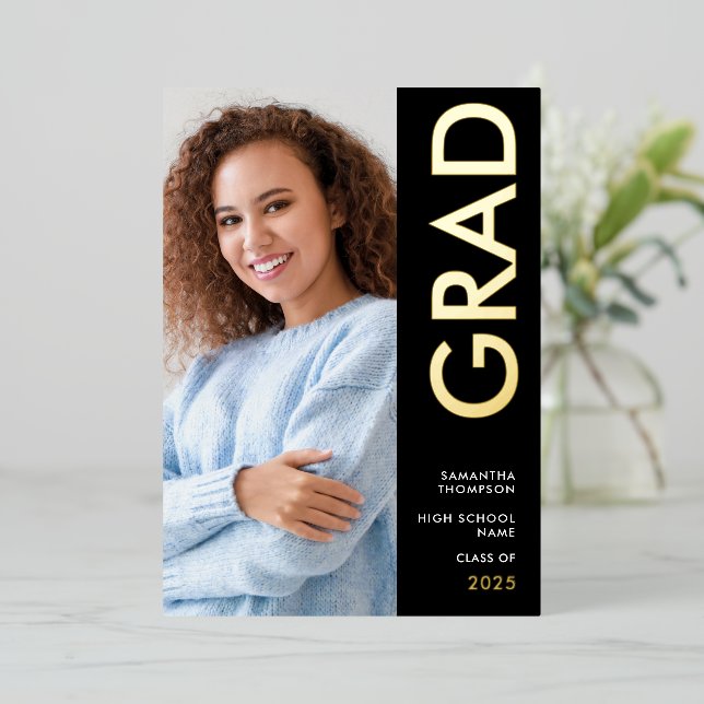 Grad 2025 Photo Black Gold Real Foil Announcement (Standing Front)
