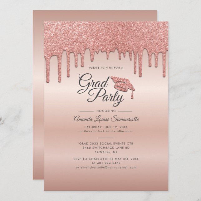 Grad 2025 Rose Gold Glitter Drip Graduation Party Invitation (Front/Back)