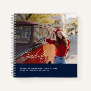 Grad 2026 Navy Photo Script Graduation Party Guest Notebook