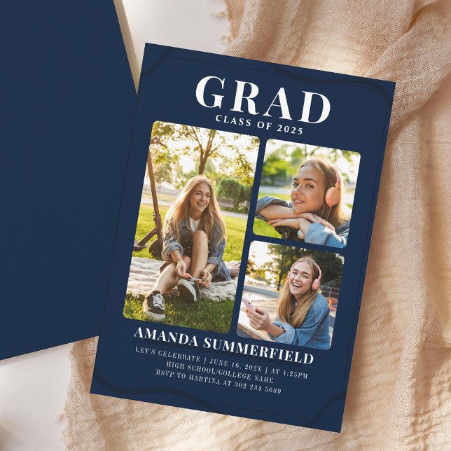Grad 3 Photo Collage Navy Blue Graduation Party Invitation (Grad 3 Photo Collage Navy Blue Graduation Party Invitation)