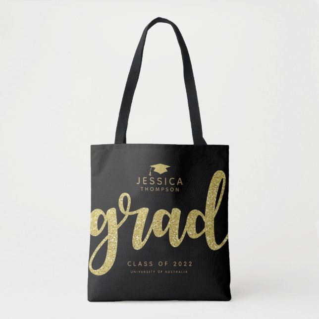 Grad Black & Faux Gold Glitter Simple Elegant Tote Bag (Front)