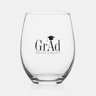 Grad Black Typography Graduation Hat Stemless Wine Glass