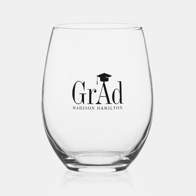 Grad Black Typography Graduation Hat Stemless Wine Glass (Front)