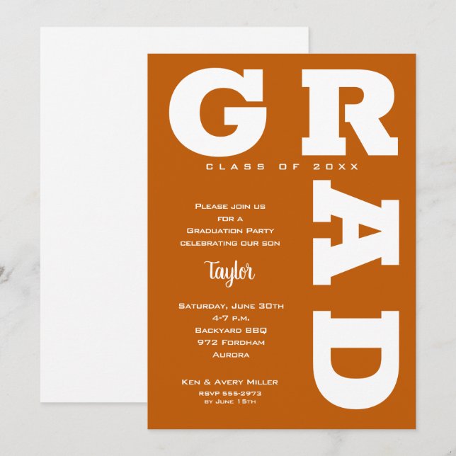 GRAD Burnt Orange Graduation Invitation (Front/Back)