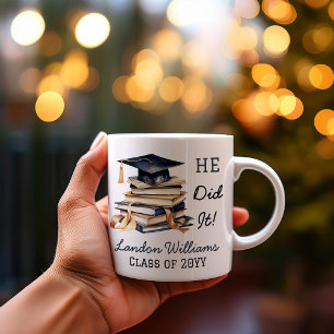 Grad Cap and Books Graduation He Did It  Coffee Mug