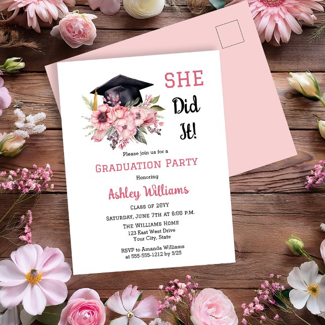 Grad Cap and Pink Floral She Did It Grad Party  Invitation Postcard (Grad Cap and Pink Floral Swag Bouquet "SHE Did It!" Graduation Party Postcard Invitation)
