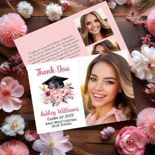 Grad Cap and Pink Florals 3 Photo Graduation  Thank You Card