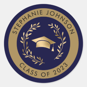 Grad Cap and Wreath Navy and Gold Class of 2023 Classic Round Sticker