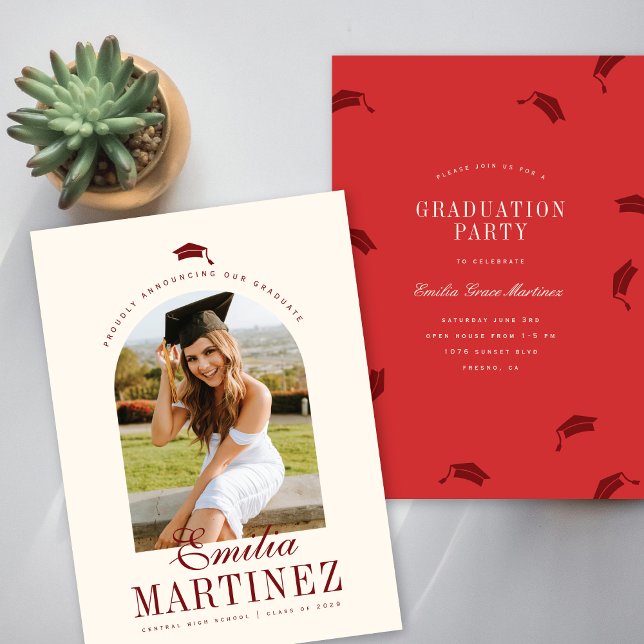 Grad Cap Arch Photo Elegant Script Red Graduation Announcement (Creator Uploaded)