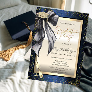Grad Cap,Black Bow Glass  Blue Metallic Photo Invitation