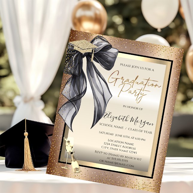 Grad Cap,Black Bow Wine Glass,Confetti Graduation Invitation (Creator Uploaded)