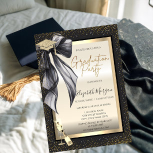Grad Cap,Black Bow Wine Glass,Confetti  Invitation