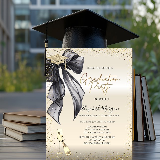 Grad Cap,Black Bow Wine Glass Graduation Invitation (Creator Uploaded)