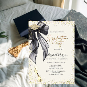 Grad Cap,Black Bow Wine Glass Photo Graduation Invitation