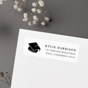 Grad Cap   Black & White Graduation Return Address Label