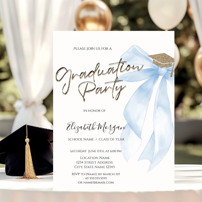Grad Cap Blue Bow Your Photo Graduation  Invitation (Creator Uploaded)