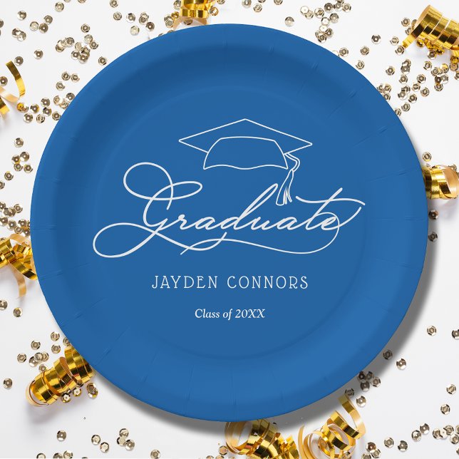 Grad Cap Blue Graduation Paper Plate (White script grad cap on blue personalized graduation party paper plates, napkins in our store)