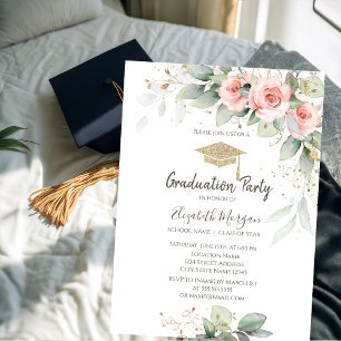 Grad Cap,Blush Flowers Graduation  Invitation