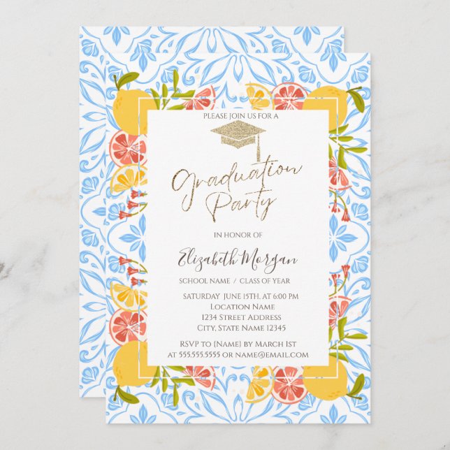 Grad Cap,Citrus Mediterranean Blue Graduation Invitation (Front/Back)