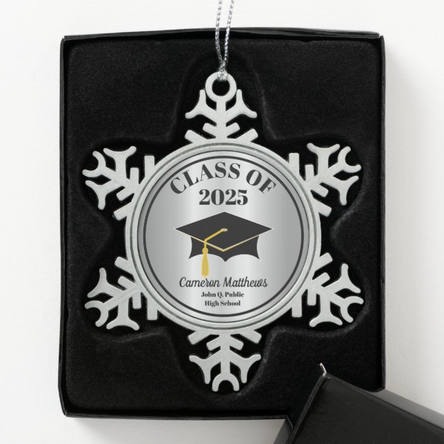 Grad Cap Class of 2025 Silver Name Graduation Snowflake Pewter Christmas Ornament (Box)