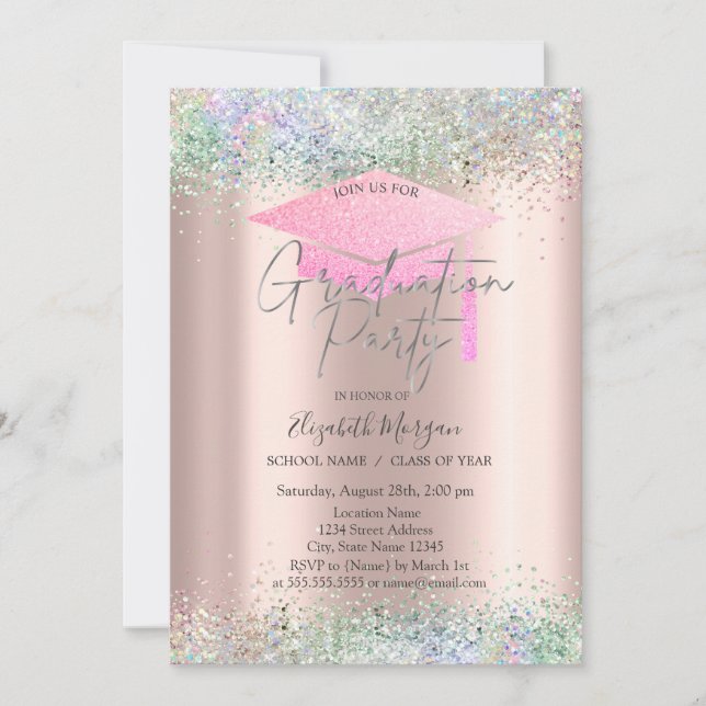  Grad Cap,Colourful Confetti Rose Gold Graduation  Invitation (Front)