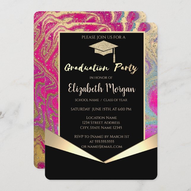 Grad Cap,Confetti Colourful Marble Graduation Invitation (Front/Back)