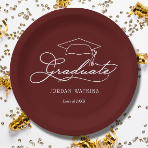 Grad Cap Dark Maroon Graduation Paper Plate