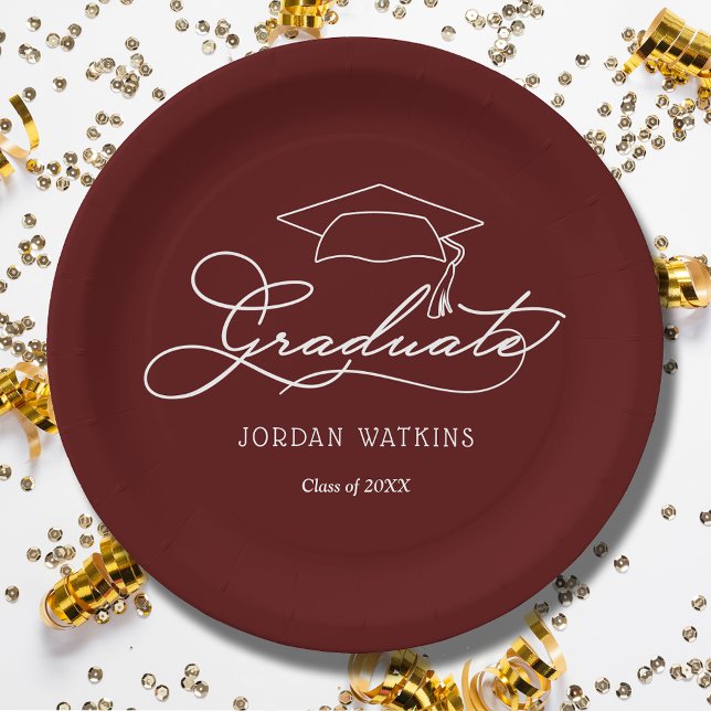 Grad Cap Dark Maroon Graduation Paper Plate (White script grad cap on dark maroon personalized graduation paper plates, napkins in our store)