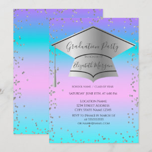 Grad Cap,Diamonds Frame Holographic Graduation Invitation