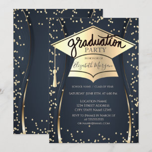 Grad Cap,Diamonds Navy Blue Graduation Invitation