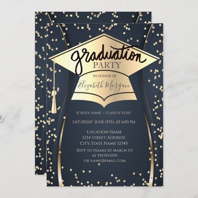 Grad Cap,Diamonds Navy Blue Graduation  Invitation (Front/Back)