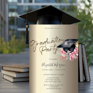 Grad Cap Flowers Bow Your Photo Gold Graduation Invitation