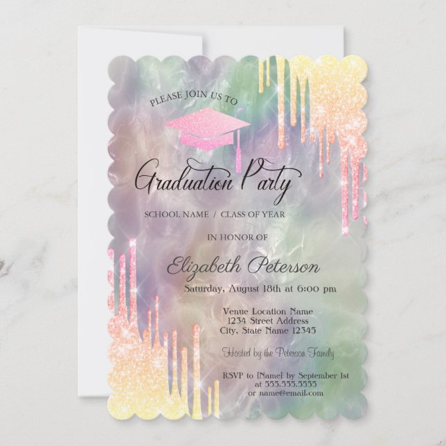Grad Cap Glitter Drips,Holographic Graduation  Invitation (Front)
