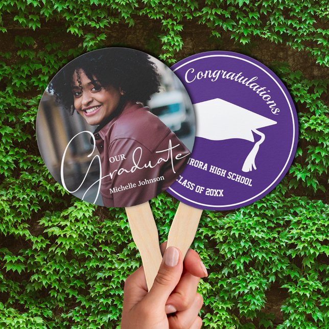 Grad Cap Modern Graduate Photo Purple Hand Fan (Keep cool on graduation day or at your party with these photo double-sided hand fans.)