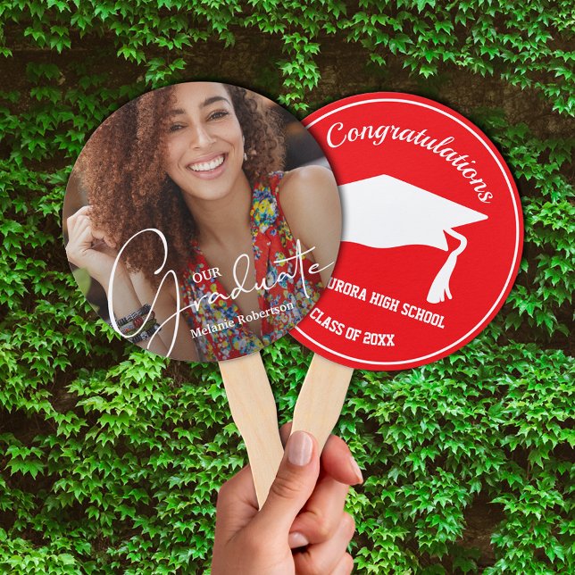 Grad Cap Modern Graduate Photo Red Hand Fan (Keep cool on graduation day or at your party with these photo double-sided hand fans.)