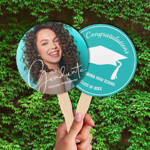 Grad Cap Modern Graduate Photo Turquoise Hand Fan