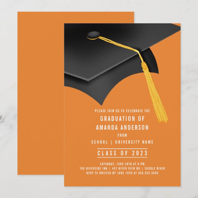Grad Cap Orange Graduation Party Invitation (Front/Back)
