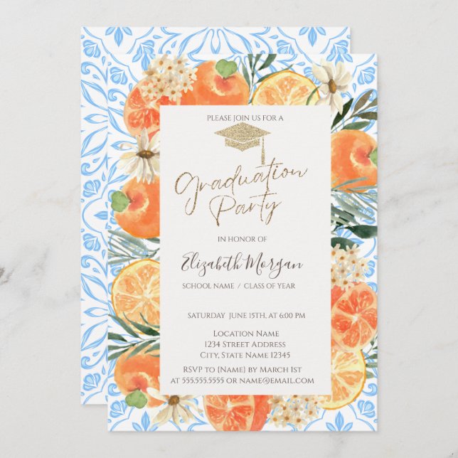 Grad Cap,Orange Mediterranean Blue Graduation Invitation (Front/Back)