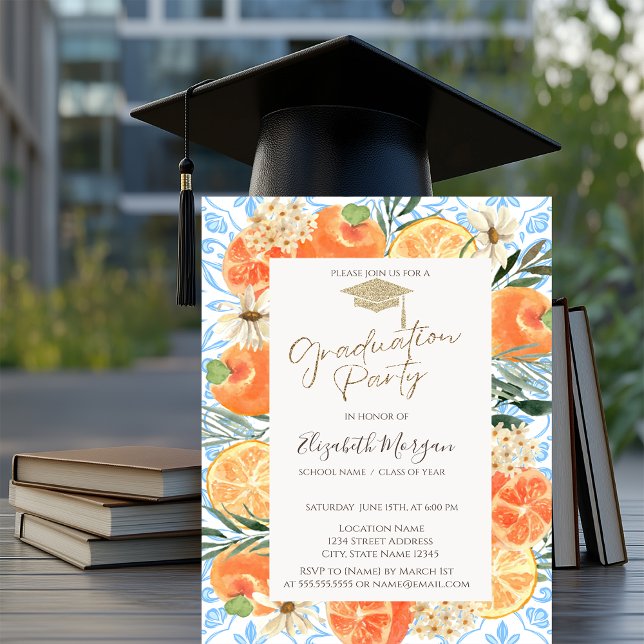 Grad Cap,Orange Mediterranean Blue Graduation Invitation (Creator Uploaded)