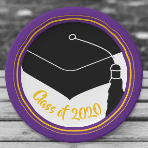 Grad Cap Purple and Gold Class Year Paper Plate